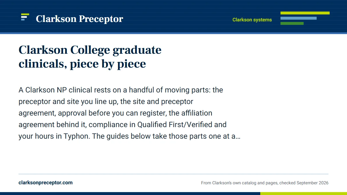 Clarkson College graduate clinicals, piece by piece. A Clarkson NP clinical rests on a handful of moving parts: the preceptor and site you line up, the site and preceptor agreement, approval before you can registe