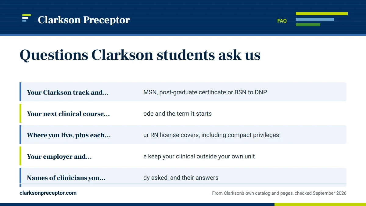 What do you need from me to start?: Your Clarkson track and level: MSN, post-graduate certificat; Your next clinical course by NRS code and the term it starts; Where you live, plus each state your RN license covers, incl; Your employer and department, so we keep your clinical outsi.