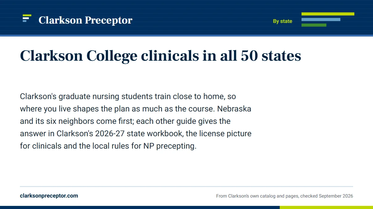 Clarkson College clinicals in all 50 states. Clarkson's graduate nursing students train close to home, so where you live shapes the plan as much as the course. Nebraska and its six neighbors come first; ea